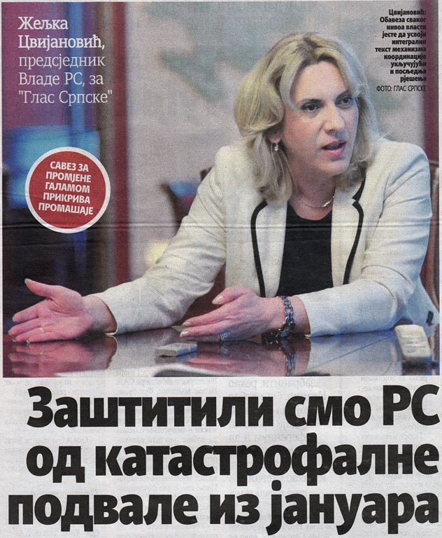 Interview of the Prime Minister of the Republic of Srpska, Zeljka Cvijanovic, with Glas Srpske, August 3, 2016 